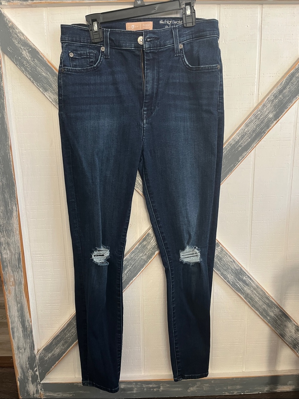 7 For All Mankind Dark Indigo Skinny Jeans with Knee Distress
